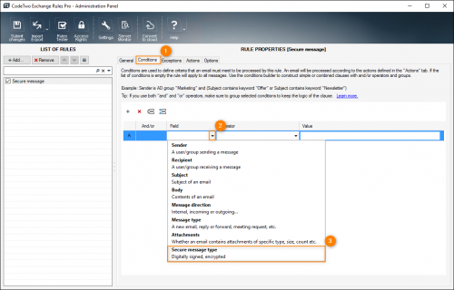 Setting up the Secure message type condition.