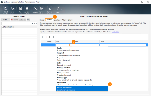 Setting up the Secure message type condition.