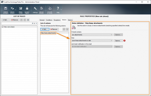 Properties pane of the Strip/dump attachments action.