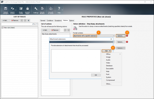 Specifying the extension criteria for the attachment filter.