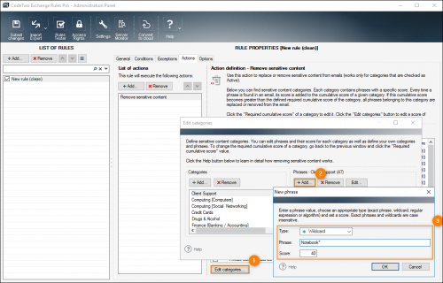 Defining wildcards for phrases in the Remove sensitive content action.