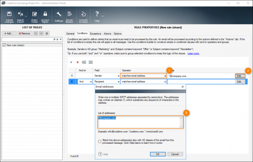 Defining wildcards for email addresses in the Sender and Recipient conditions.