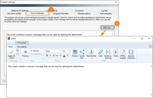Composing an envelope message body via the editor.