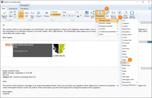 Inserting the {Photo} placeholder into a signature.
