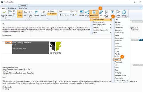 Inserting the {Photo} placeholder into a signature.