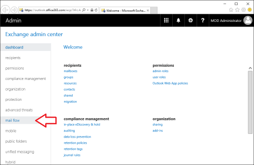 Accessing mail flow configuration pages from Exchange admin center.