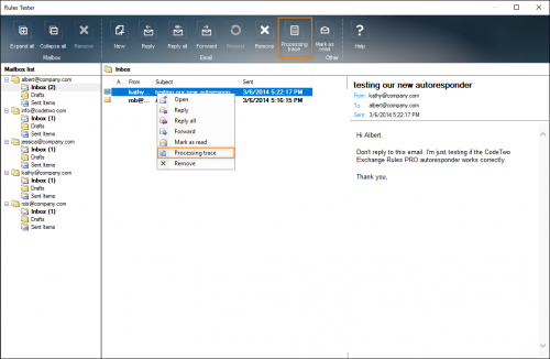 Opening the Processing trace feature for a message.