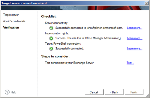 Verification stage of the target server connection wizard.
