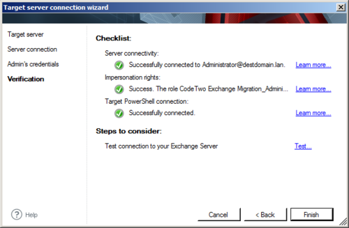 Verification stage of the target server connection wizard.