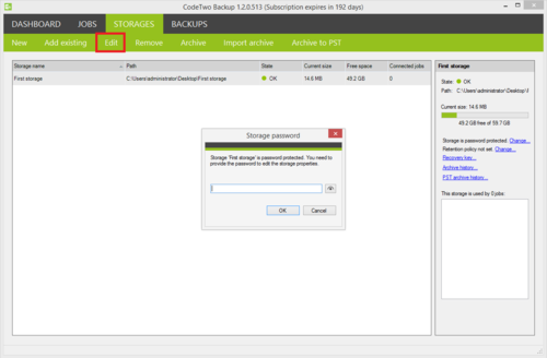 Backup - editing a protected storage