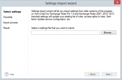 The Settings import wizard window.