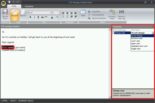 OOOM - OOF Message Editor's properties pane.