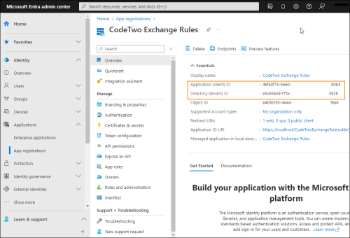 Location of the client and tenant IDs in the Microsoft Entra admin center.