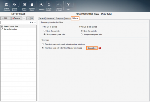 Options tab in CodeTwo Exchange Rules Pro.