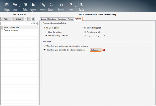 Options tab in CodeTwo Exchange Rules.
