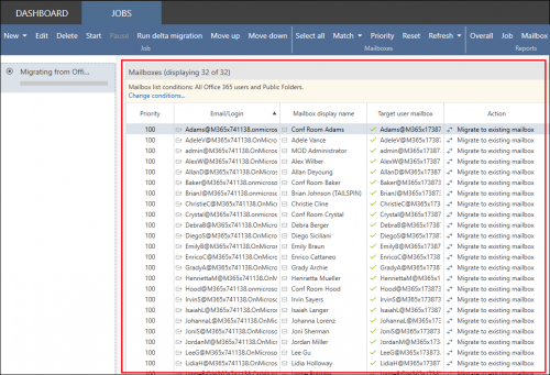 The list of mailboxes on the Jobs tab.