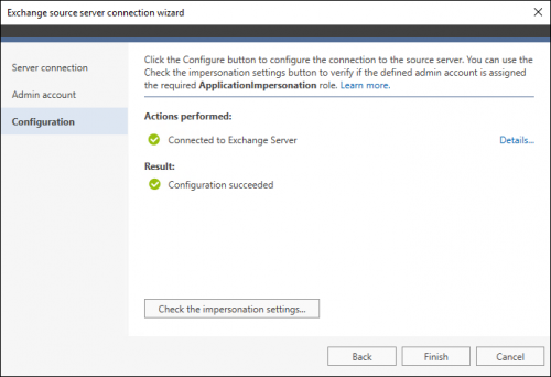 Summary of a successful connection to a source hosted Exchange server.