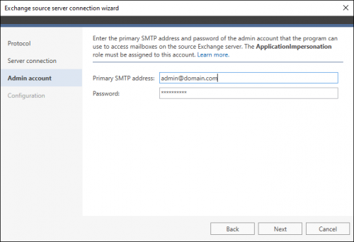 Providing admin account credentials to connect via EWS to a hosted Exchange server.