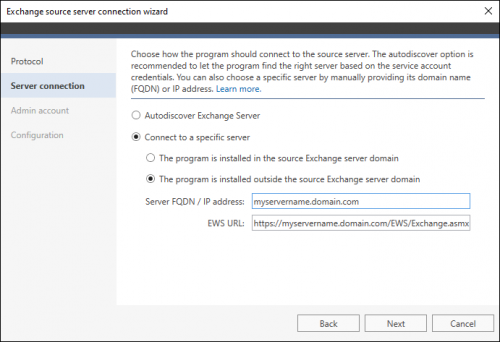 Configuring a connection to a hosted Exchange server.