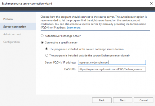 Selecting how you want to connect to a source Exchange server (EWS connection).