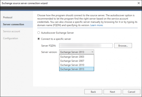 Selecting a source Exchange server (MAPI connection).