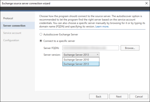 Selecting a source Exchange server (MAPI connection).