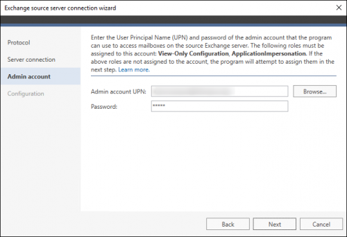 Providing admin account credentials to connect via EWS.
