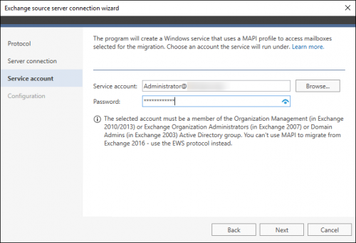 Configuring the service account for a MAPI profile.