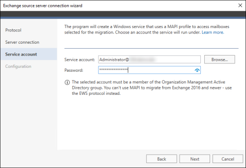 Configuring the service account for a MAPI profile.