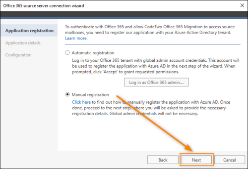 Selecting the Manual registration option.
