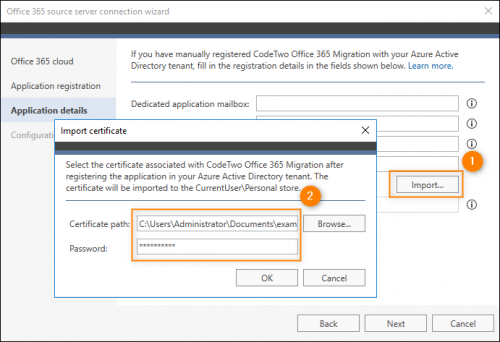 Importing the certificate associated with the CodeTwo migration application.