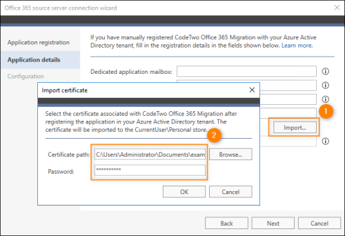 Importing the certificate associated with the CodeTwo migration application.