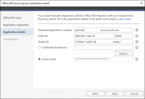Application registration details filled out in the source Office 365 server connection wizard.