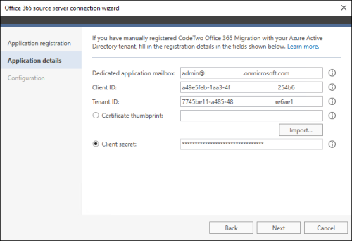Application registration details filled out in the source Office 365 server connection wizard.