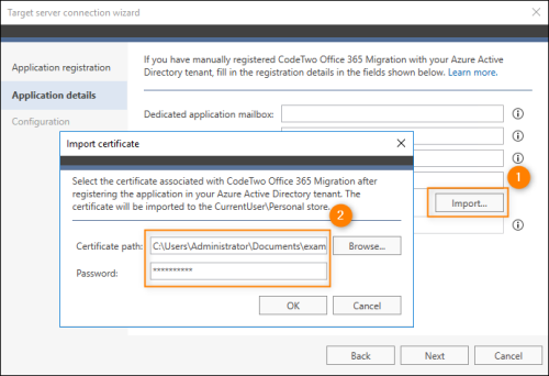 Importing the certificate associated with the CodeTwo migration application.