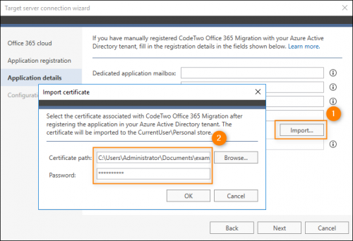 Importing the certificate associated with the CodeTwo migration application.
