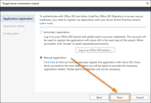 Selecting the Manual registration option.
