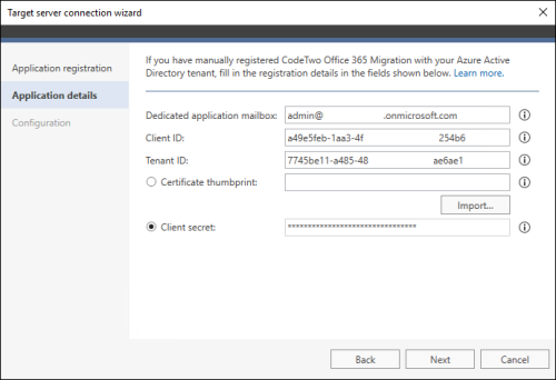 Application registration details filled out in the source Office 365 server connection wizard.
