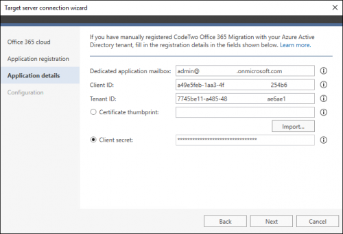 Application registration details filled out in the source Office 365 server connection wizard.