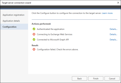 Failure to connect to Exchange Web Services.