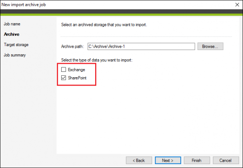 Selecting data type to be imported to CodeTwo Backup from an archive