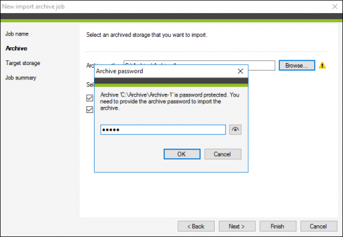 Backup import archive job providing password