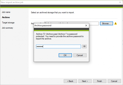 Backup import archive job providing password