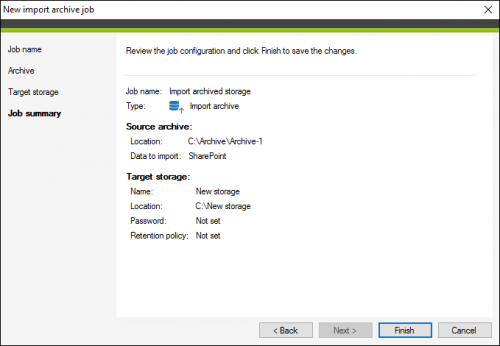 Backup import archive job summary