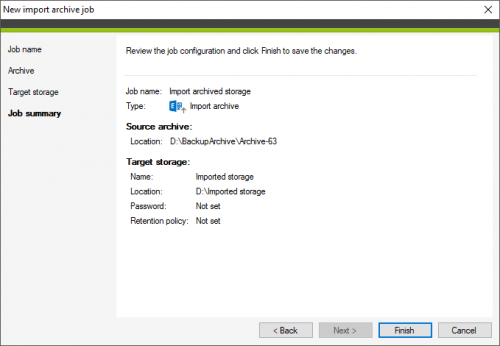 Backup import archive job summary