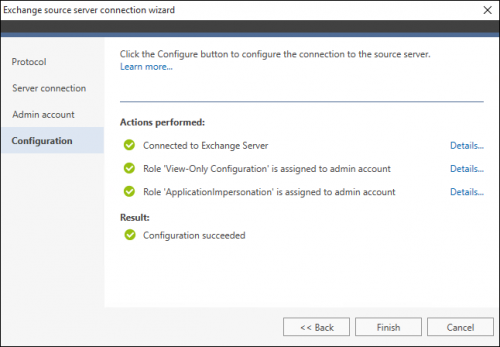 Successful Configuration of an EWS connection with a source Exchange server.