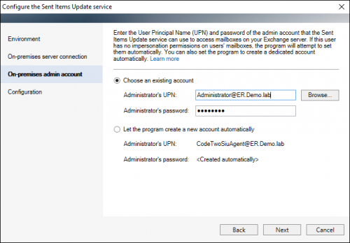 The Sent Items Update configuration wizard: on-premises account manual setup
