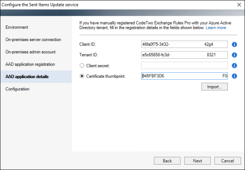 The Sent Items Update configuration wizard: providing the application registration details.