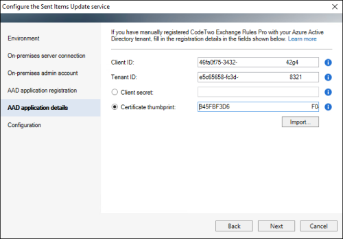 The Sent Items Update configuration wizard: providing the application registration details
