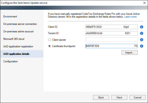 The Sent Items Update configuration wizard: providing the application registration details